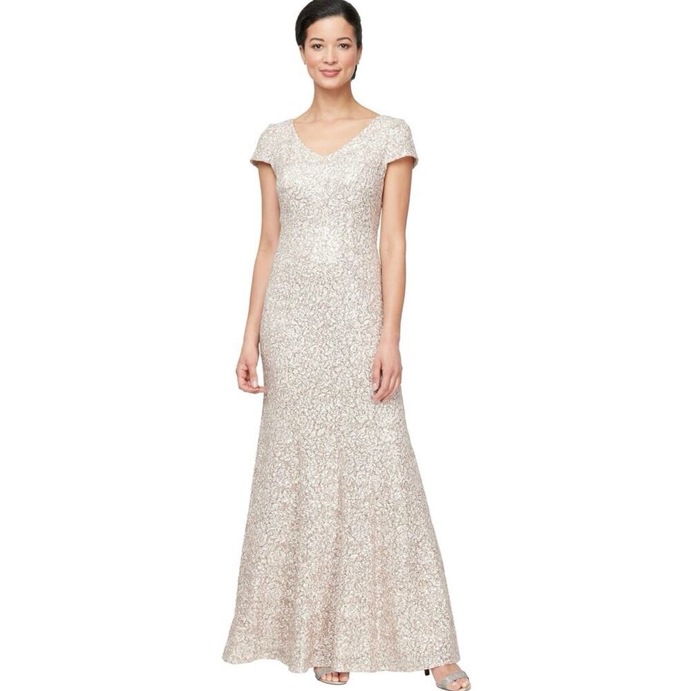 Alex Evenings Champagne Fit To Flare Long Cap Sleeve Sequin Floral Lace Dress 14